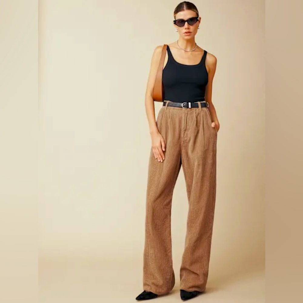 Reformation Montauk Pleated Wide Leg Corduroy Trouser Pant, tan, fits like 26